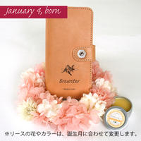 本革スマホケース プリザーブドフラワー 1月5日生まれの方 誕生花 ラッパスイセン 花言葉 再