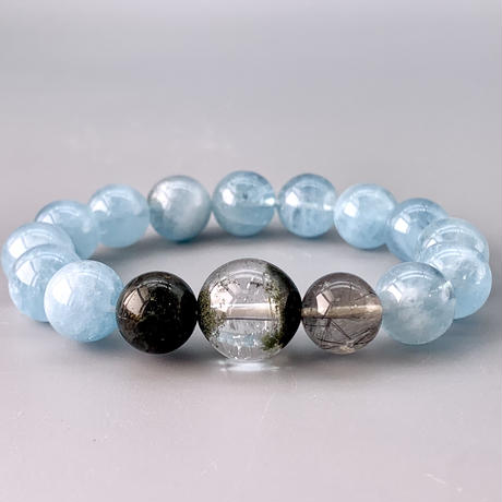 上品 - モルダバイト & 水晶 & アクアマリン デザインブレスレット
