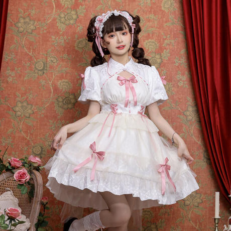 ツインフリルメイドロリータドレス+エプロン+チョーカー+ヘッドバンド+リボン+レッグカバー