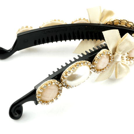 リボン パール ビジュー バナナクリップ キラキラ クラシカル ヘアクリップ ヘアアクセ 安い