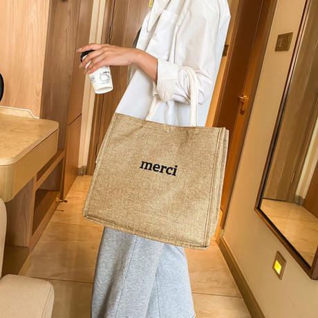 リネン風 merci メルシー  トートバッグ 大きい ハンドバッグ