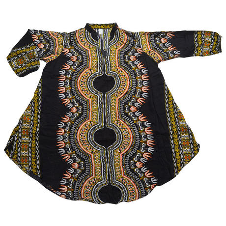 カラフル アフリカンプリント マオカラー 長袖 サーキュラー チュニック ワンピース ダンス衣
