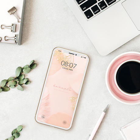 シンプルデザイン おしゃれな羽モチーフのサーモンピンク スマホ壁紙 Hanapla