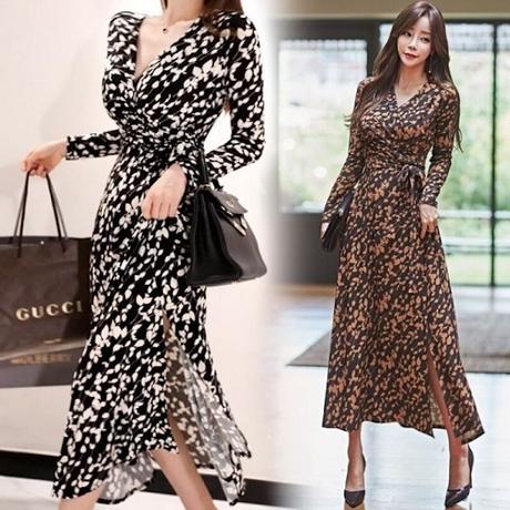 マキシワンピース ロング丈ワンピース Vネック ボタニカル柄 可愛い