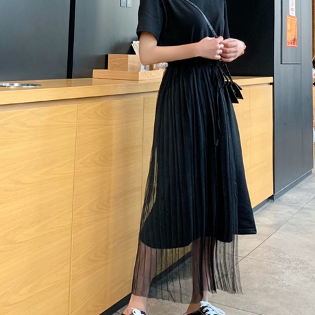 ワンピース Tシャツ ワンピ アシンメトリー プリーツ スカート 半袖 ロング ミモレ丈 カジ