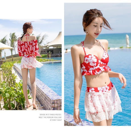 水着 3点セット ハワイアン柄にレースとオフショルトップス可愛いビキニセット Hdfks962