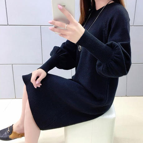 ワンピース 袖がちょっぴりバルーンで可愛いシンプルニットワンピース Hdfks