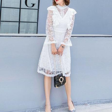 ワンピース 韓国ドレス 純白レースが清楚でとっても可愛い大人ガーリーワンピ Hdfks96