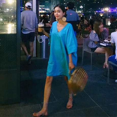 ワンピース 韓国ファッション鮮やかブルーのvネックチュニックワンピース Hdfks