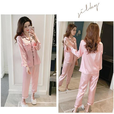 ルームウェア ワンピース サテンで長袖長ズボンの大人パジャマ Hdfks 韓国