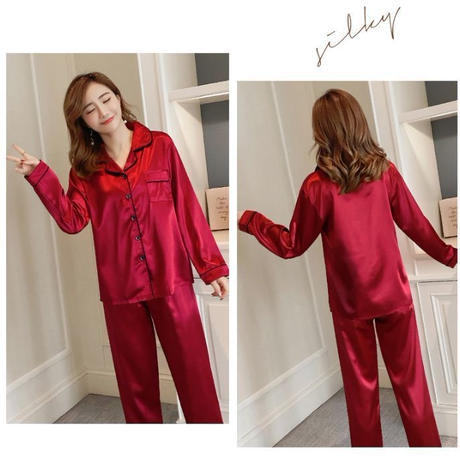 ルームウェア ワンピース サテンで長袖長ズボンの大人パジャマ Hdfks 韓国