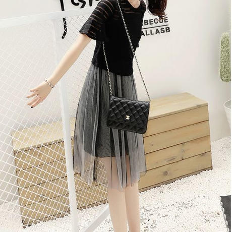 ワンピース ガーリー可愛いシースルートップスとキャミソール切り替えワンピのセットアップ Hdf