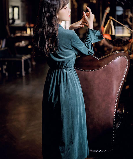 ダークグリーン コーデュロイ素材のおおきな胸元リボンのレトロ ロングワンピース L Op22