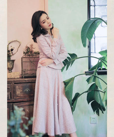 ピンク グレンチェック レトロなロングスカート スーツ Xl Op104 Roses