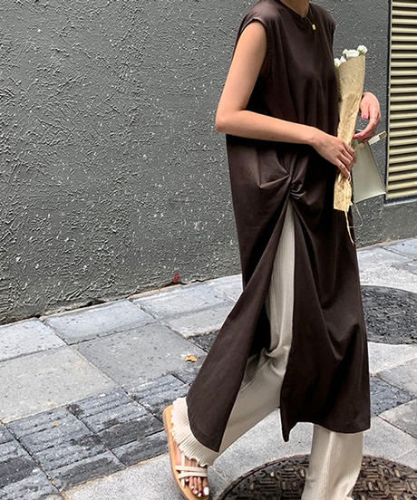 Nh Onepiece 014 ギャザースリット ノースリーブ ワンピース ブラウン