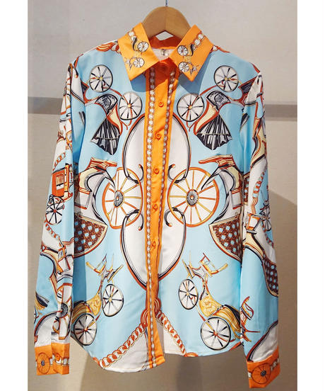 韓国セレクト総柄シャツ ブルー オレンジ マルアール