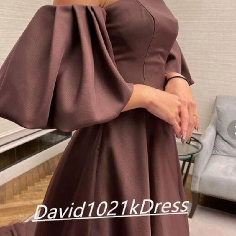 ブラウンカラードレス ベアトップ パフスリーブ トレーン 姫袖