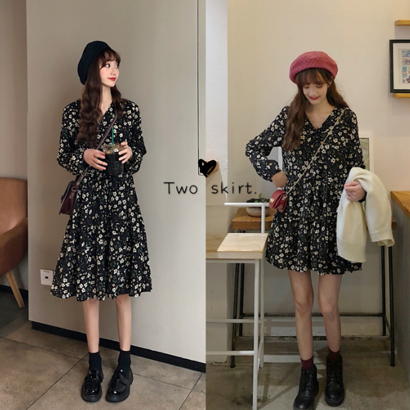 ワンピース レディース 小花柄 花柄 スカート Vネック ひざ丈 ミニ丈