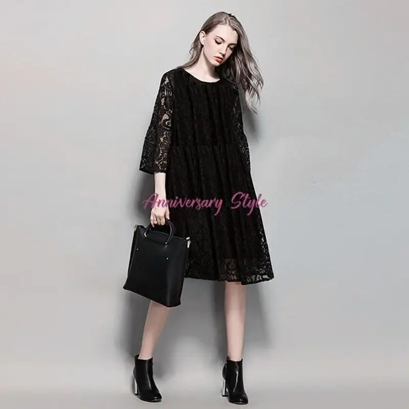 Lサイズ 黒 パーティー ドレスワンピース ゆったり レース ミモレ丈