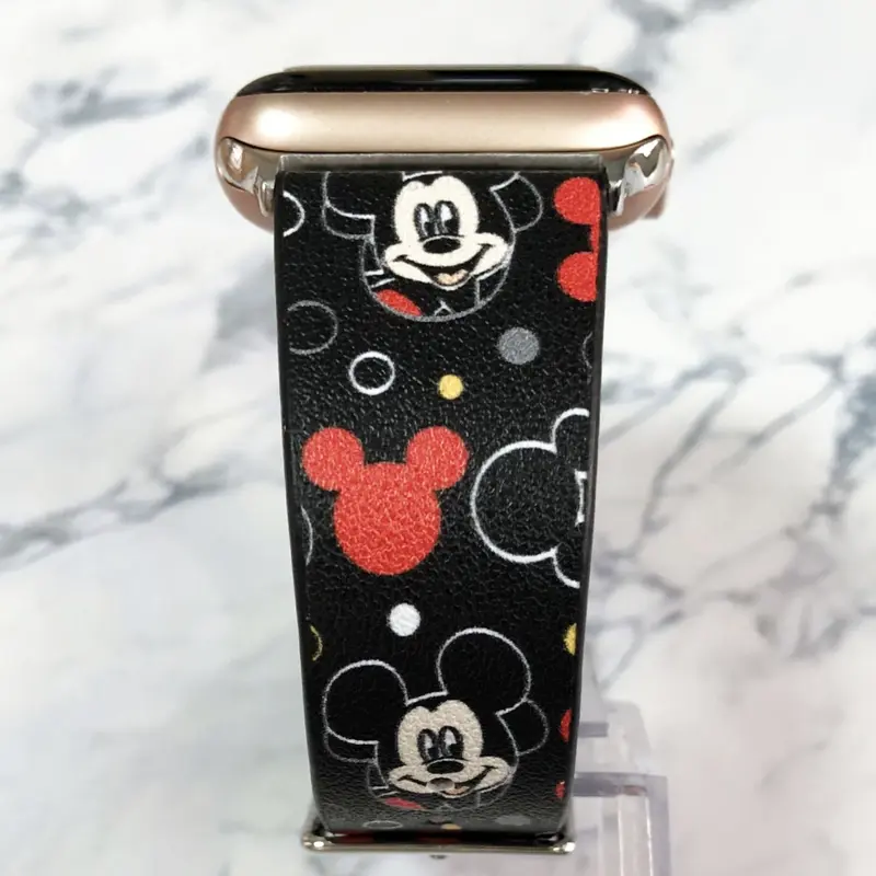 Apple Watch アップルウォッチ ブラック ミッキー柄 レザー バンド