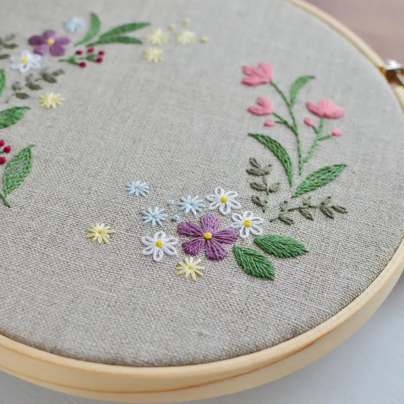刺繍 刺繍した布 花のリース オリジナル図案
