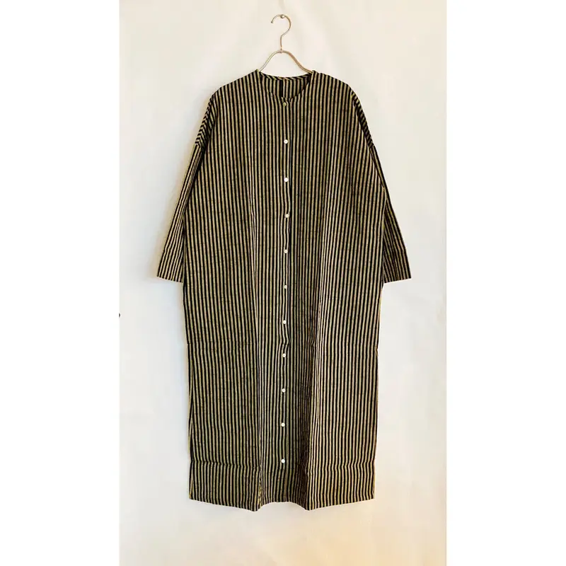 YAMMA 会津木綿丸首ボタンワンピース 長袖 丈＋10cm | Bico