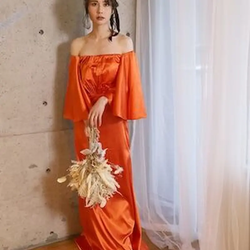 抜群のおしゃれ見え パーティードレス オレンジ シルク フレンチ