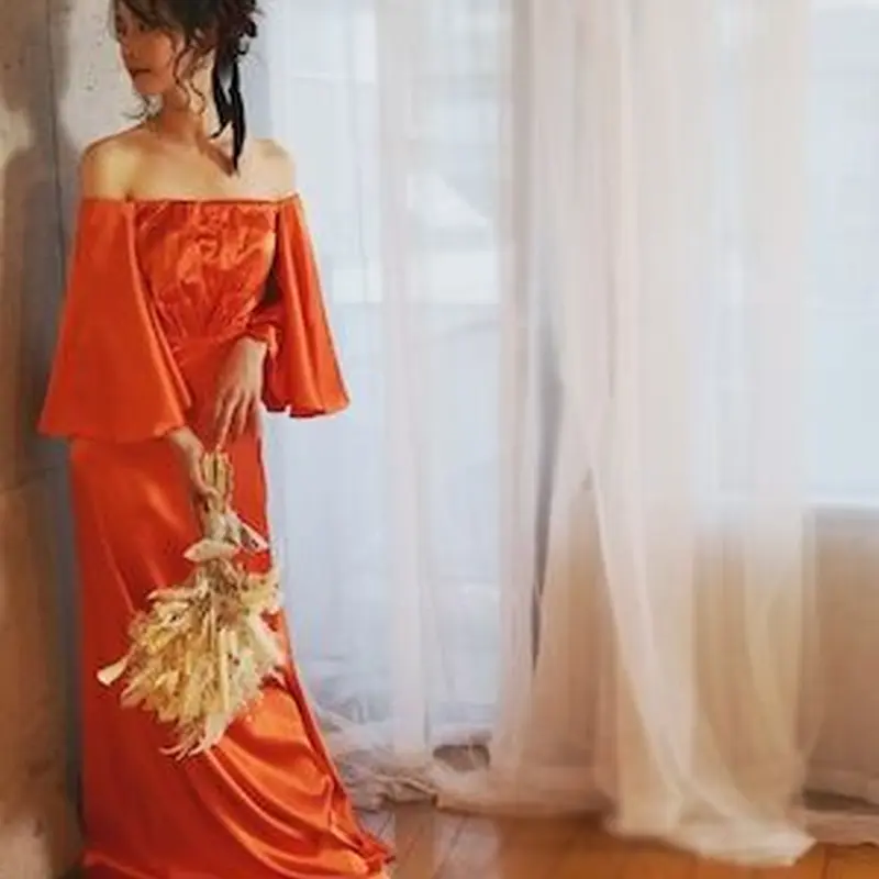 抜群のおしゃれ見え パーティードレス オレンジ シルク フレンチ