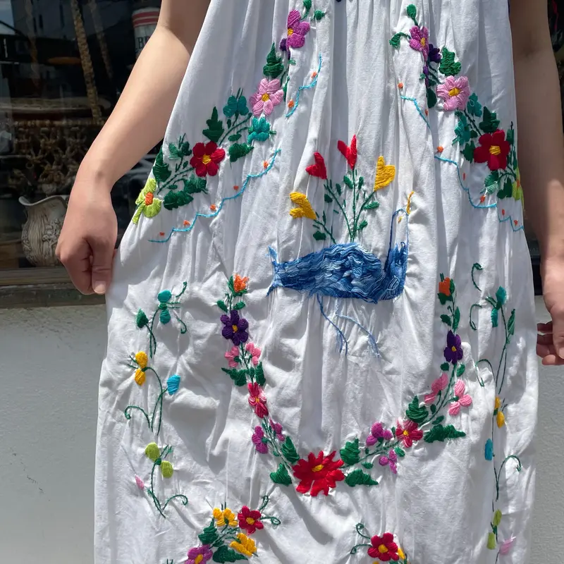 1970'S VINTAGE カラフル 花×青い鳥 メキシコ刺繍ワンピース[2265] | C...