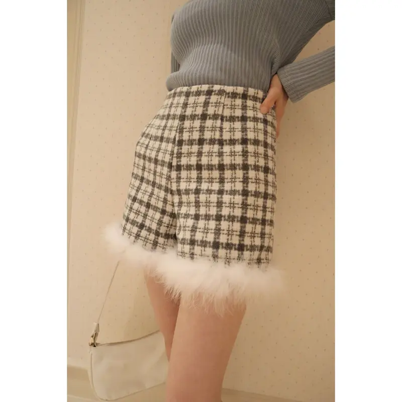 check tweed fur short pants gray | épine