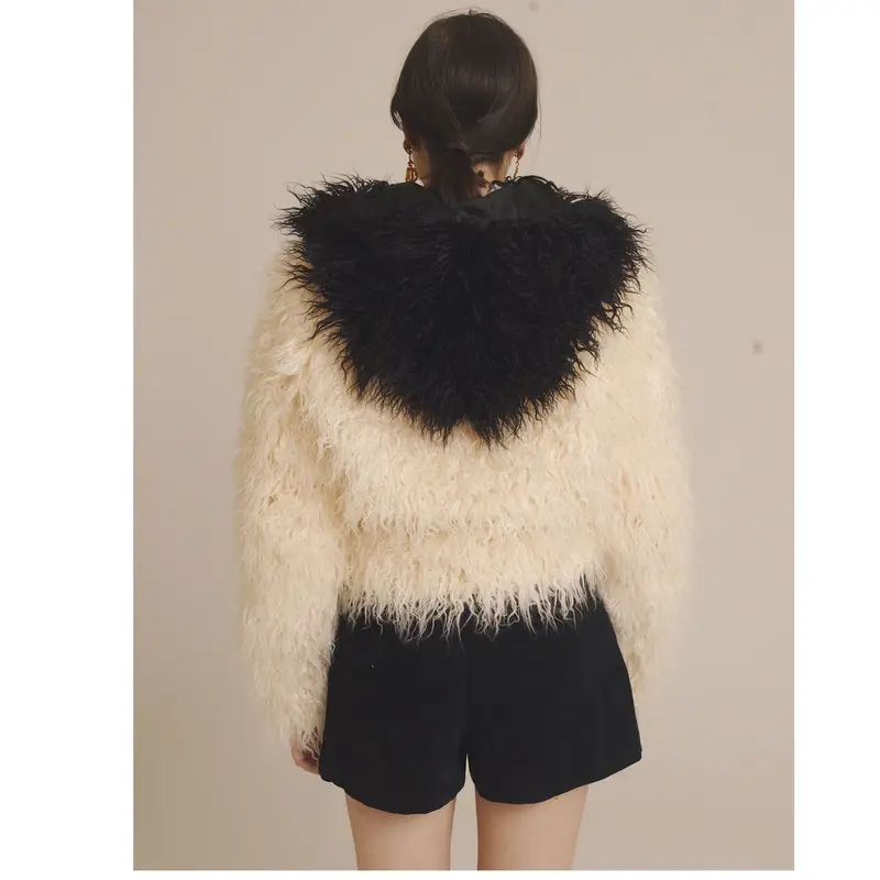hood 2way volume fur coat bi-color white | épine