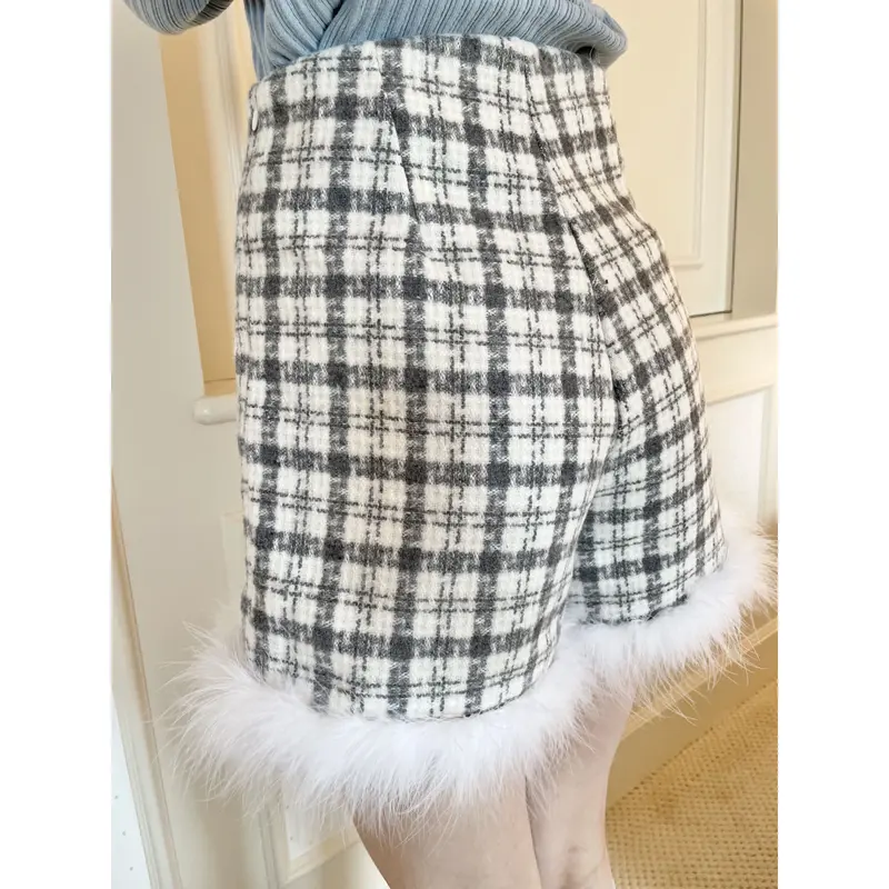 check tweed fur short pants gray | épine