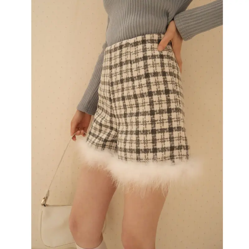 check tweed fur short pants gray | épine