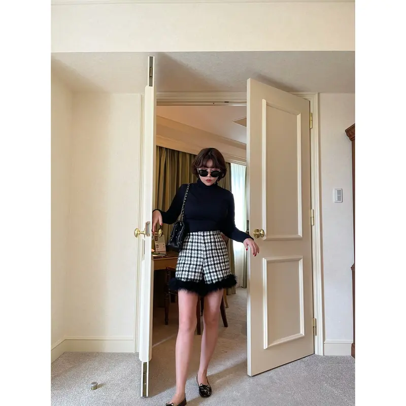 check tweed fur short pants black | épine