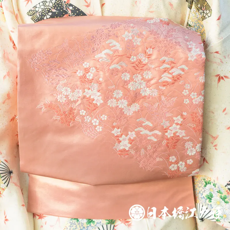0364 名古屋帯 正絹 薄ピンク 草花 銀糸 六通し 帯丈355cm | 日本橋江戸姫