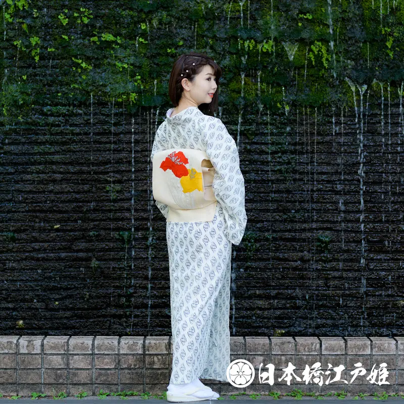0592 夏物 名古屋帯 正絹 絽 クリーム 松葉仕立て 八寸帯 お太鼓柄 帯