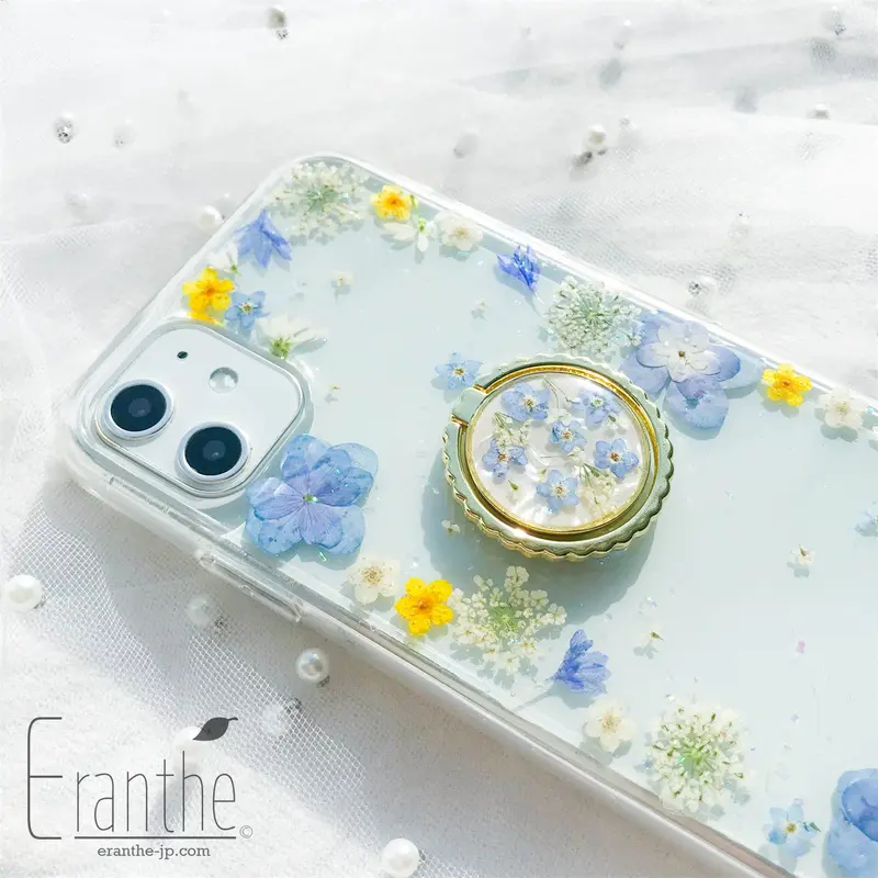 ハンドメイド　勿忘草とミモザとかすみ草の押し花　スマホリング/バンカーリング ハンドメイド 勿忘草とミモザとかすみ草の押し花 スマホリング