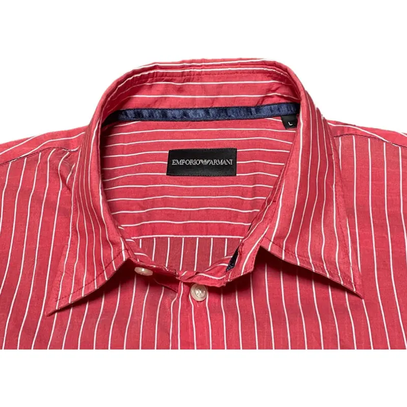EMPORIO ARMANI コットンシルク長袖ストライプシャツ レッド Ｌサイズ