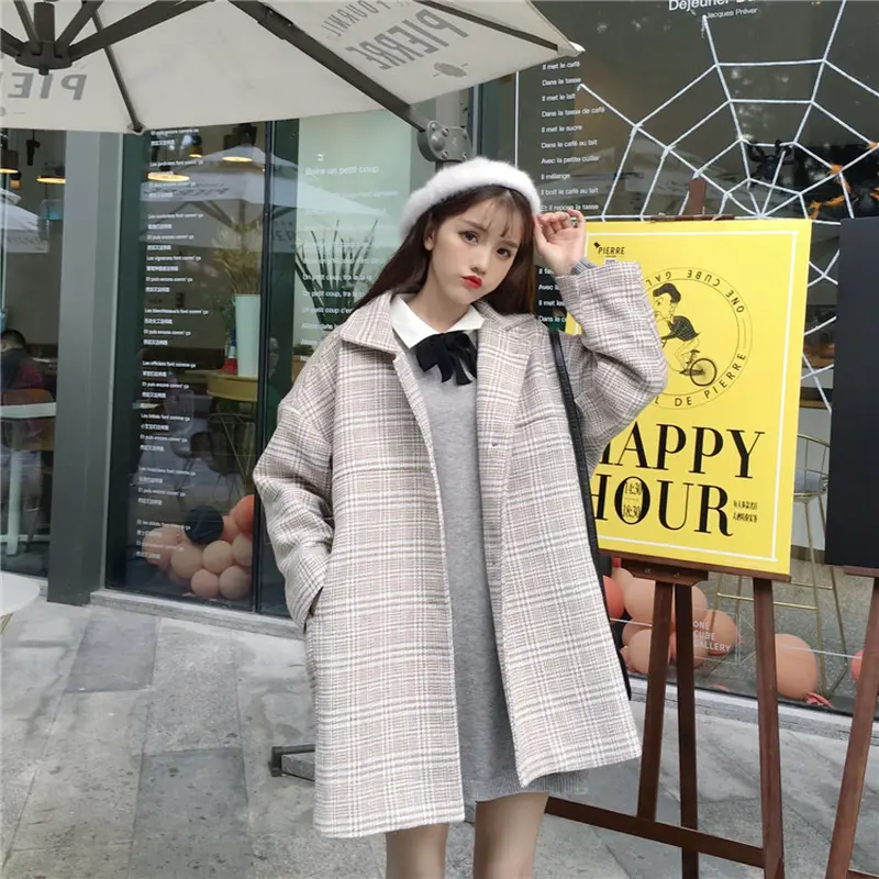 チェック柄 ウール チェスターコート 韓国ファッション レディース