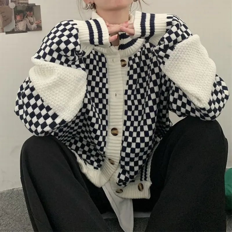 ニットカーディガン ブロックチェック柄 ハイネック 厚手 ニット