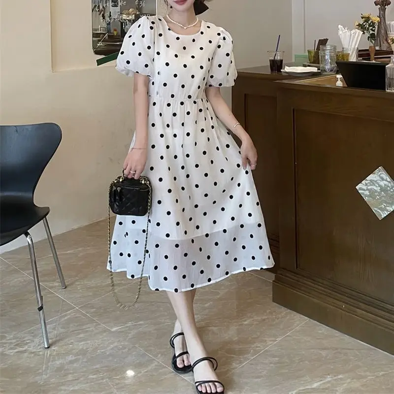 ドット柄 ワンピース パフスリーブ 水玉 ハイウエスト 半袖 クルー