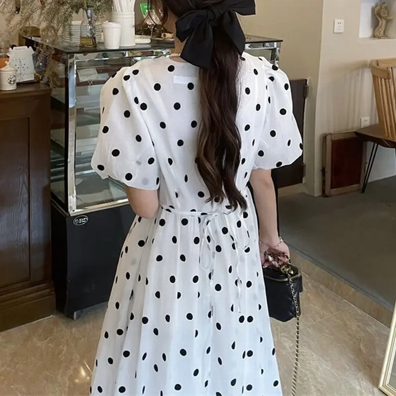 ドット柄 ワンピース パフスリーブ 水玉 ハイウエスト 半袖 クルー