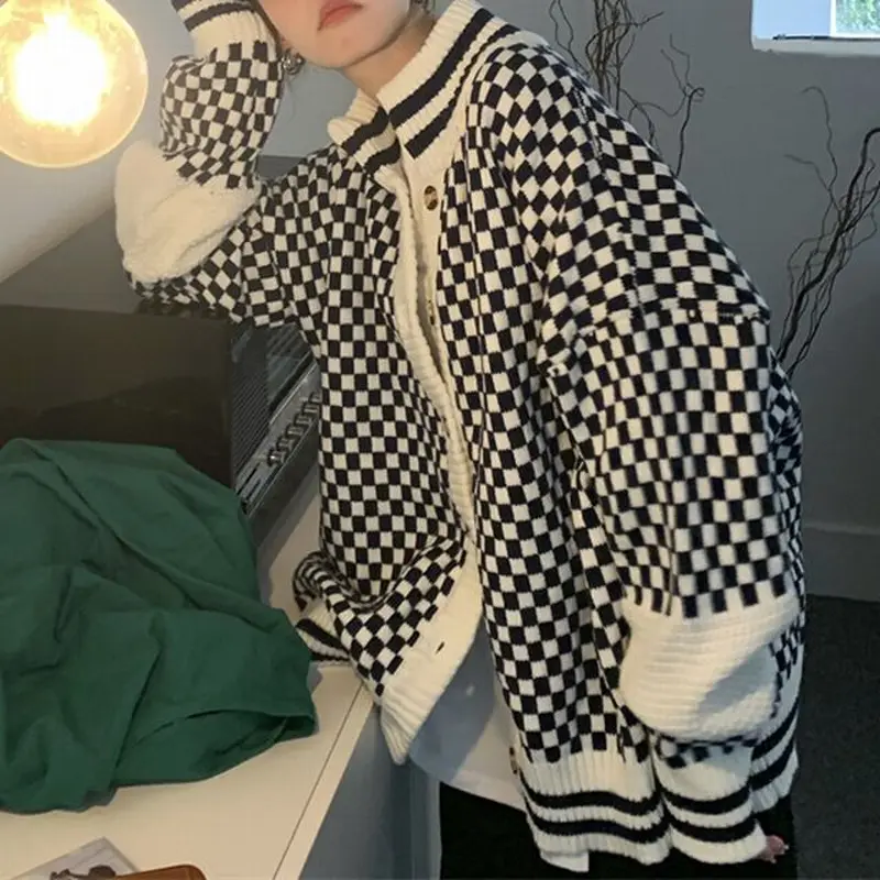 ニットカーディガン ブロックチェック柄 ハイネック 厚手 ニット