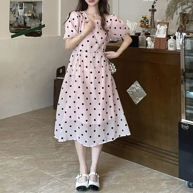 ドット柄 ワンピース パフスリーブ 水玉 ハイウエスト 半袖 クルー
