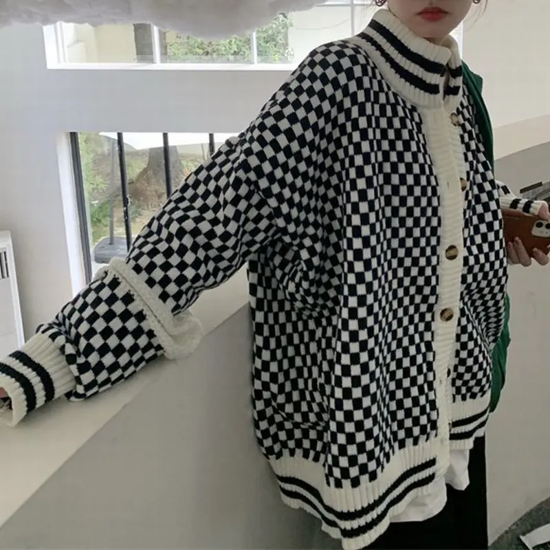 ニットカーディガン ブロックチェック柄 ハイネック 厚手 ニット