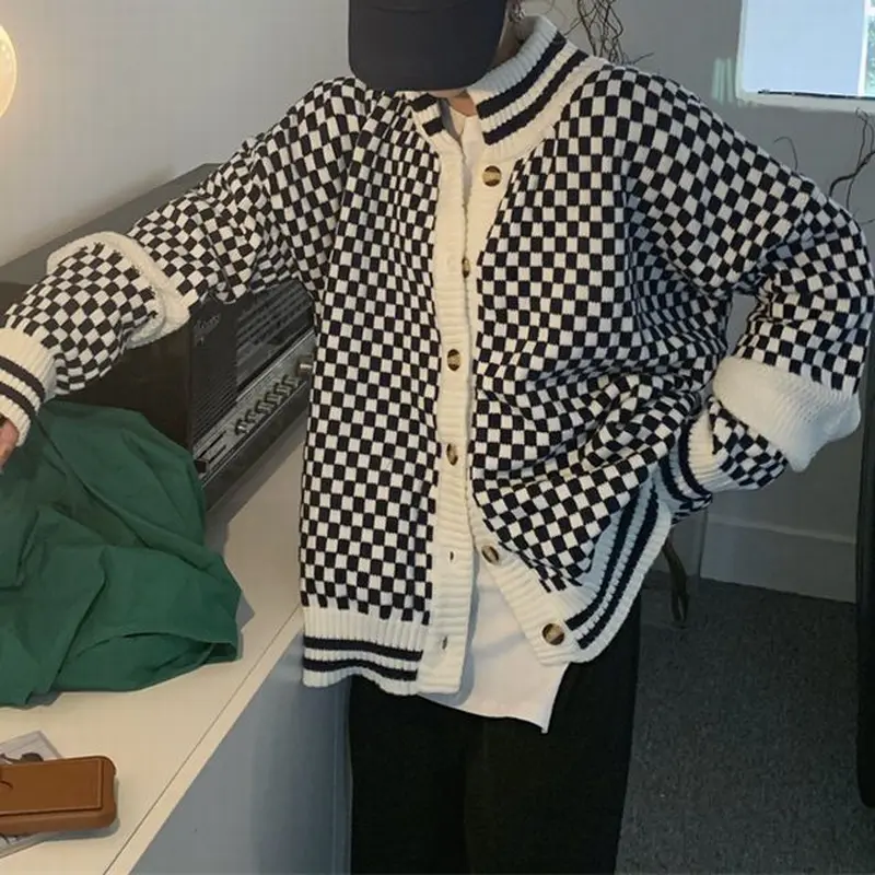 ニットカーディガン ブロックチェック柄 ハイネック 厚手 ニット