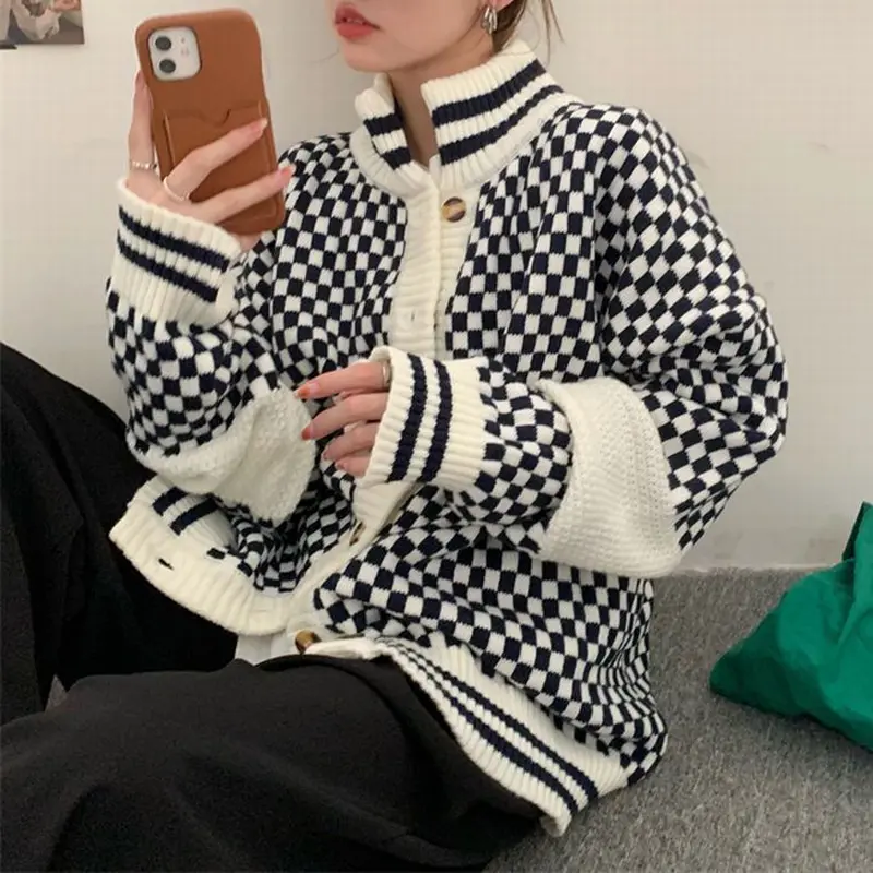 ニットカーディガン ブロックチェック柄 ハイネック 厚手 ニット