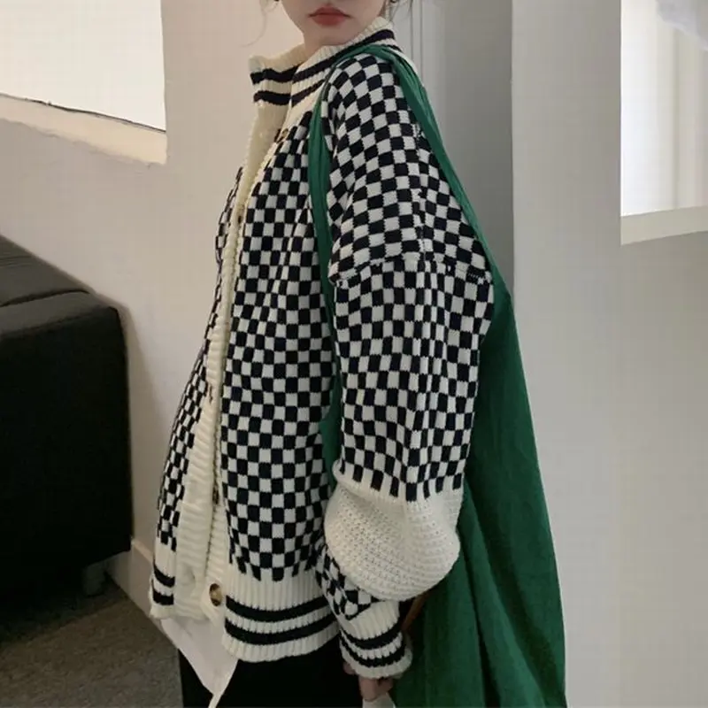 ニットカーディガン ブロックチェック柄 ハイネック 厚手 ニット