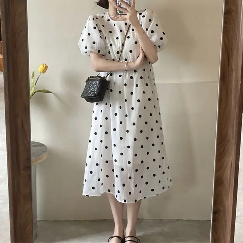 ドット柄 ワンピース パフスリーブ 水玉 ハイウエスト 半袖 クルー