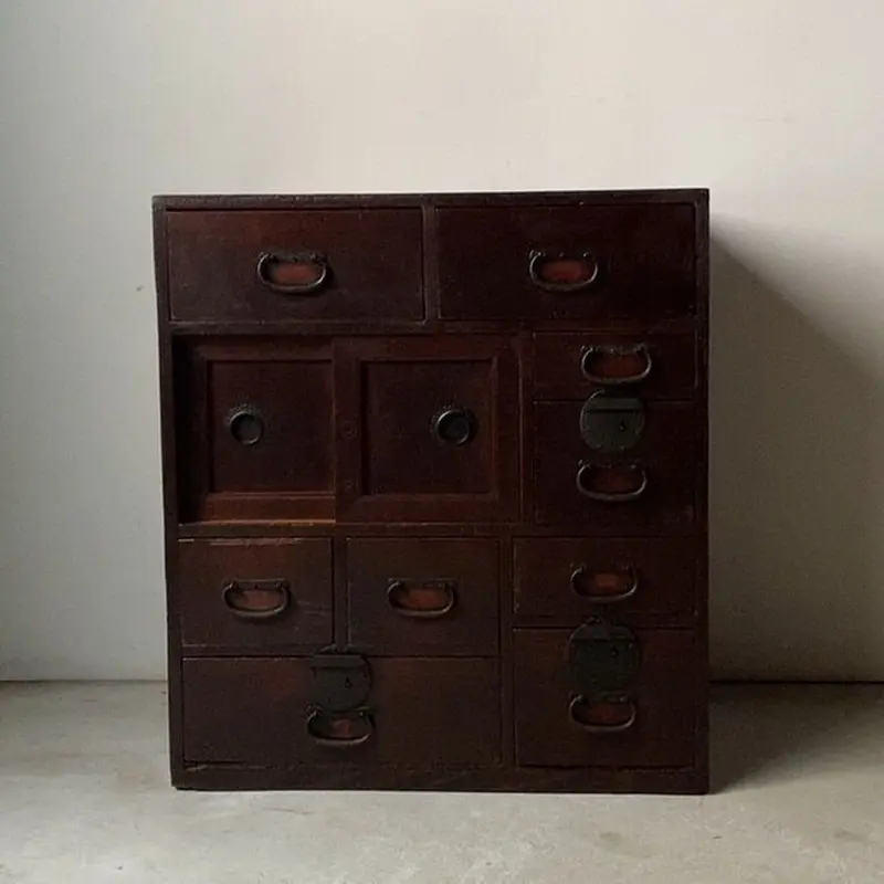 アンティーク小さい帳場箪笥 江戸期 慶応 幕末 1860年代 杉材無垢 9杯